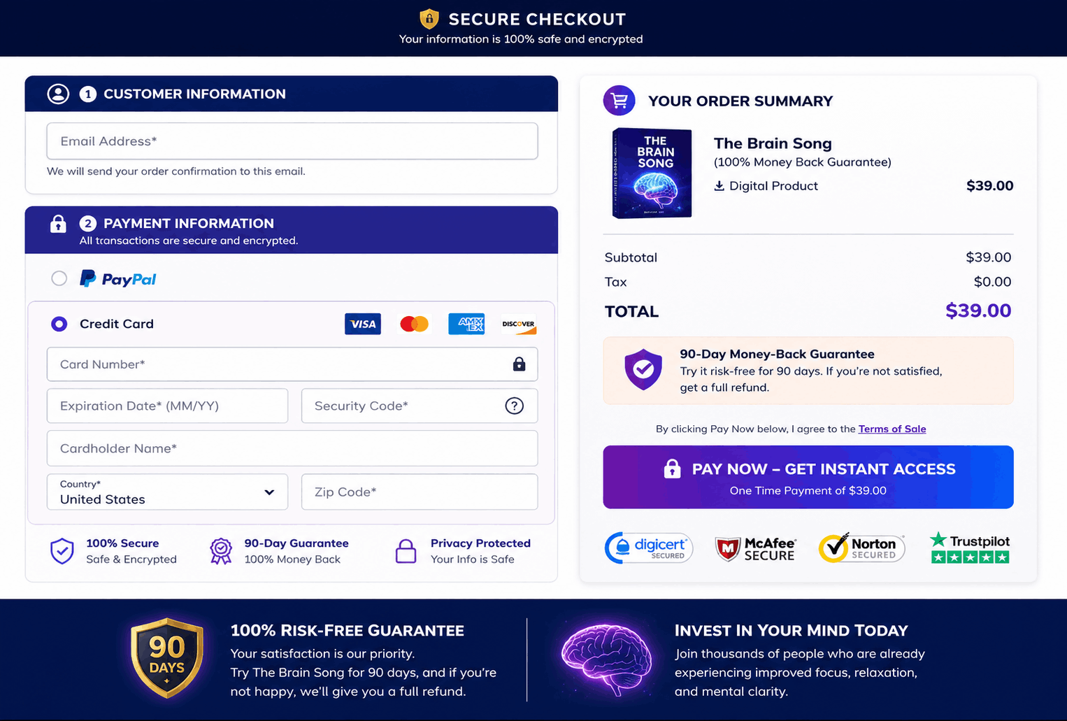 The Brain Song secure checkout page with 90-day money-back guarantee and $39 digital purchase.