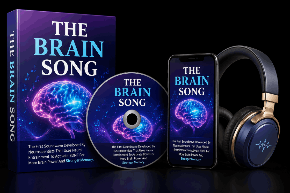The Brain Song audio program with CD, app, and headphones for memory, focus, and brain health.